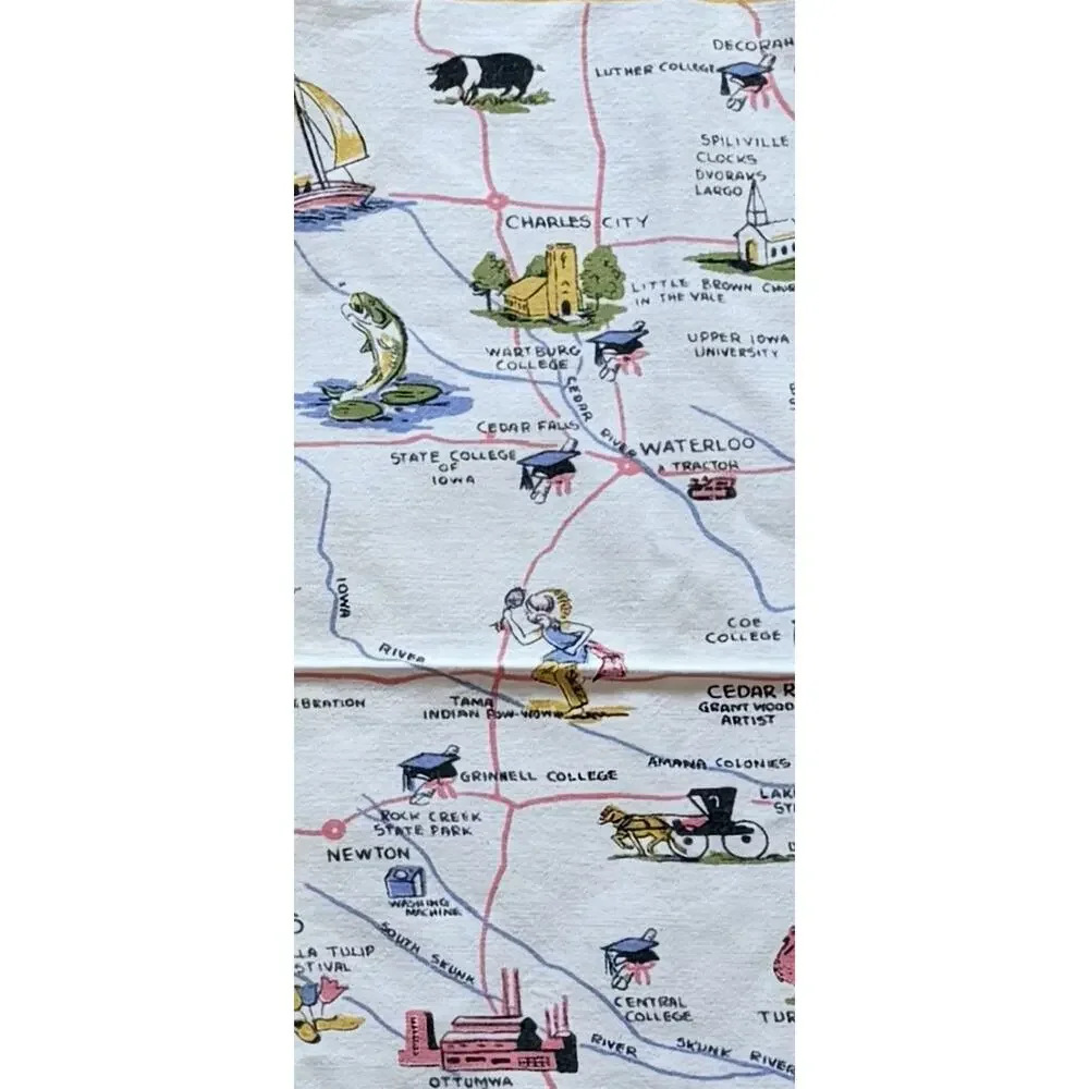 Vintage Iowa State Souvenir Tablecloth 44” Square Hawkeye State Map Cotton 60s